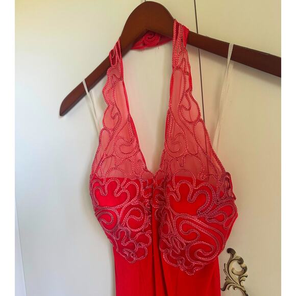 Vintage 90s Red Fit & Flare Dress Size M L Sexy Halter Clubwear Party Dress USA - Picture 5 of 9
